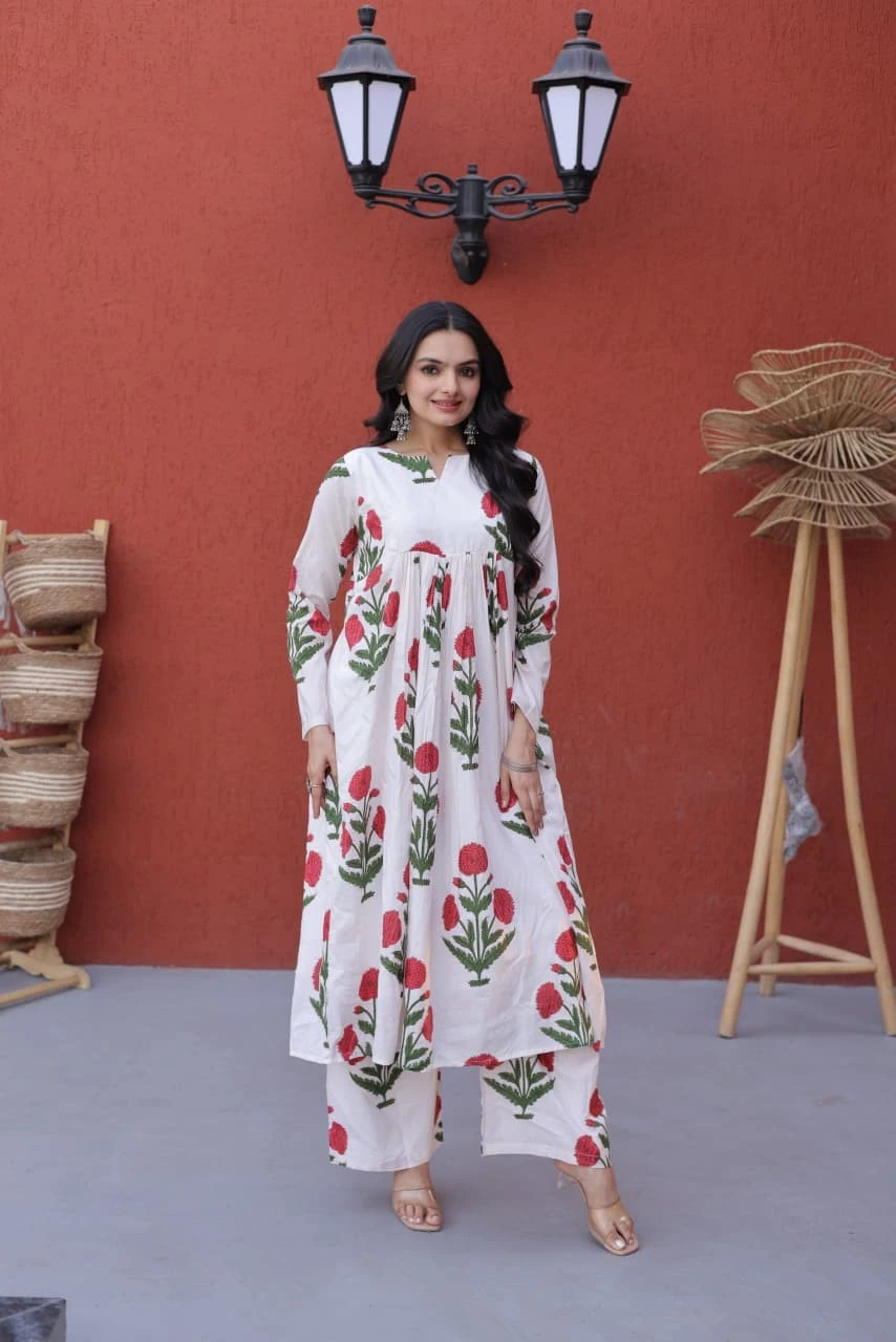 Off-White and Blue Floral Printed Kurti Pant Set.